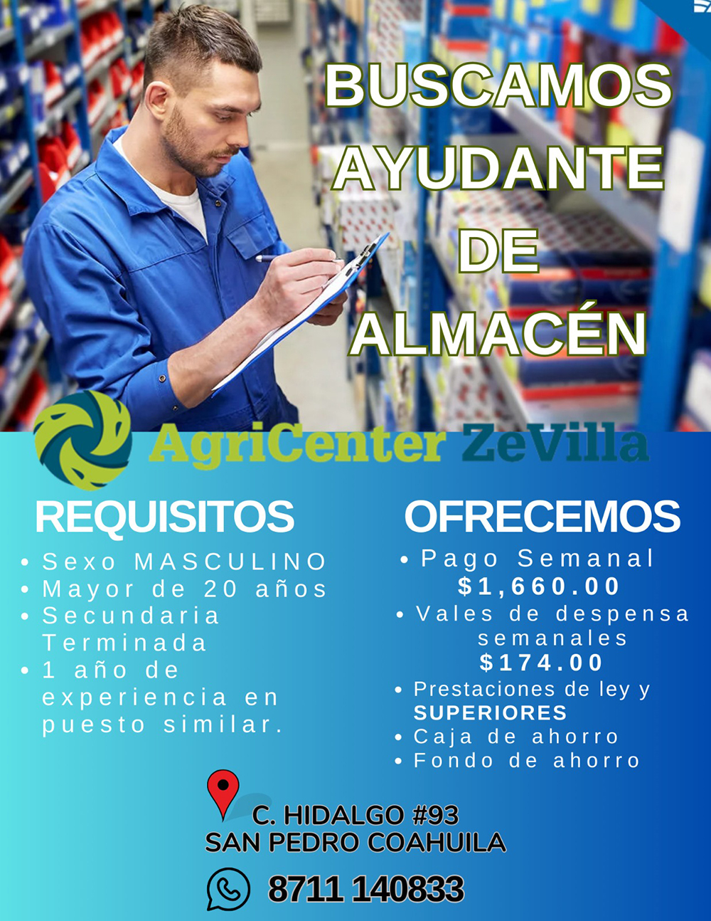 AYUDANTE DE ALMACÉN - SUCURSAL SAN PEDRO COAH.